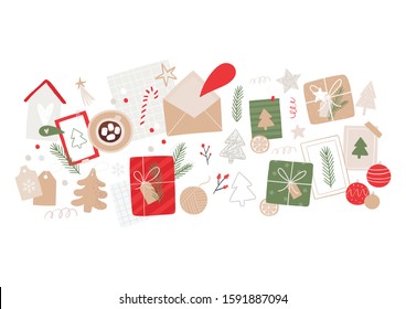 Hand drawn Merry Christmas Flat lay. New year vector flat illustration in modern style.