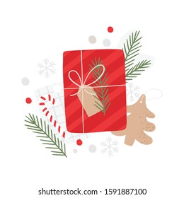 Hand drawn Merry Christmas Flat lay. New year vector flat illustration in modern style.