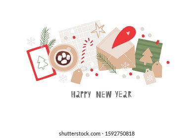Hand drawn Merry Christmas Flat lay. New year vector flat illustration in modern style.