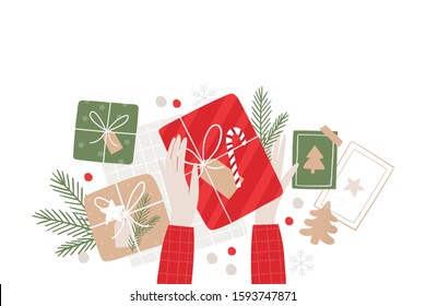 Hand drawn Merry Christmas Flat lay. New year vector flat illustration in modern style. Hands holding a gift