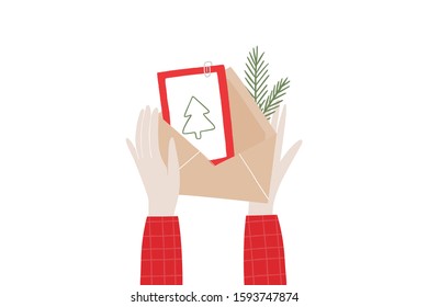 Hand drawn Merry Christmas Flat lay. New year vector flat illustration in modern style. Hands holding a gift