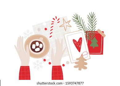 Hand drawn Merry Christmas Flat lay. New year vector flat illustration in modern style. Hands holding a gift