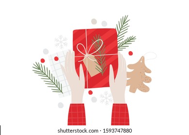 Hand drawn Merry Christmas Flat lay. New year vector flat illustration in modern style. Hands holding a gift