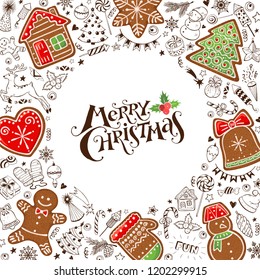 Hand drawn Merry Christmas gingerbread in circle composition around text. Vector illustration of New year  doodles  isolated on white background. Happy holidays.