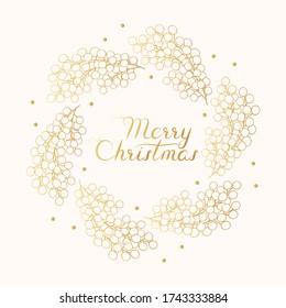Hand drawn Merry Christmas golden wreath with deco berries branch. Gold festive holiday border. Vector isolated round winter frame with lettering.