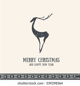 Hand drawn merry christmas greeting card with deer, vintage style retro invitation