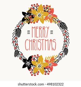  Hand Drawn Merry Christmas Greeting Card with Stylized Wreath.