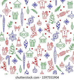 Hand drawn Merry Christmas and Happy New Year seamless pattern. Doodle cartoon Winter holiday elements: fir tree, balls and toys decorations, gift boxes, stars, snowflakes, gingerbread line icons