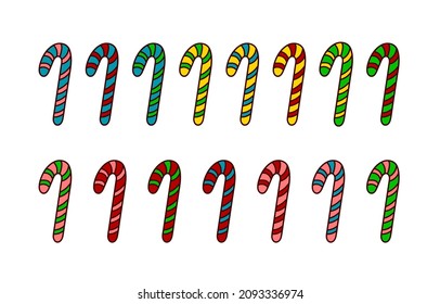 Hand drawn Merry Christmas and Happy New Year design elements. Doodle cartoon Christmas candies of different bright colors. Striped sweet canes colorful icons. Bright decorative holiday design