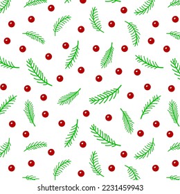 Hand drawn Merry Christmas and Happy New Year seamless pattern. Doodle cartoon fir tree branches and red berries. Colorful holiday design