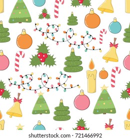 Hand drawn Merry Christmas and Happy New Year doodle seamless pattern with holiday characters and elements