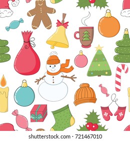 Hand drawn Merry Christmas and Happy New Year doodle seamless pattern with holiday characters and elements