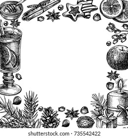 Hand drawn Merry Christmas and Happy New Year holiday Frame illustration. Mulled wine and spices set.hot tea