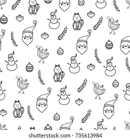 Hand drawn Merry Christmas and Happy New Year doodle seamless pattern.Christmas and New Year doodle holiday characters and elements.Template for Greeting Scrapbooking, Congratulations, Invitations.