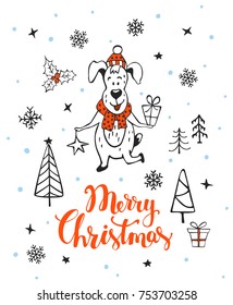 hand drawn merry christmas happy new year 2018 winter greeting card background with cute cartoon dog with gift box