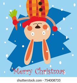 hand drawn merry christmas happy new year 2018 winter greeting card background with cute cartoon rabbit.