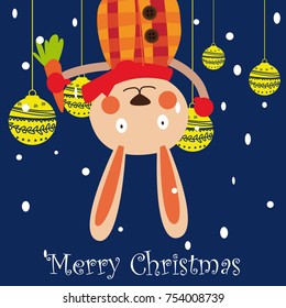 hand drawn merry christmas happy new year 2018 winter greeting card background with cute cartoon rabbit.