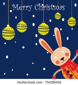 hand drawn merry christmas happy new year 2018 winter greeting card background with cute cartoon rabbit.
