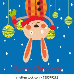 hand drawn merry christmas happy new year 2018 winter greeting card background with cute cartoon rabbit.