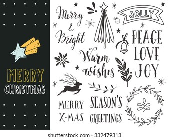 Hand drawn Merry Christmas holiday collection with lettering and decoration elements for greeting cards, stationary, gift tags, scrapbooking, invitations.