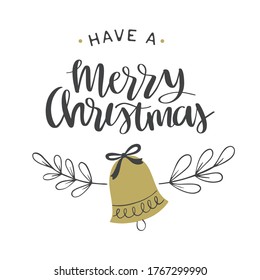 Hand drawn Merry Christmas lettering with branches and bell. Black brush calligraphy. Handwritten Christmas calligraphy. Greeting card design.