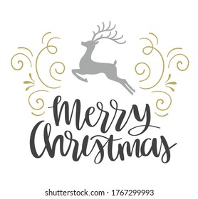 Hand drawn Merry Christmas lettering with deer silhouette and decorative swirls. Handwritten Christmas calligraphy. Greeting card design, label, emblem, tag.