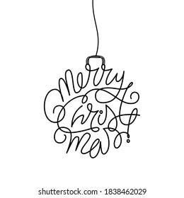 Hand drawn Merry Christmas lettering element in scribble pine tree ball ornament style hanging on a string, holiday card. Vector illustration isolated on white background