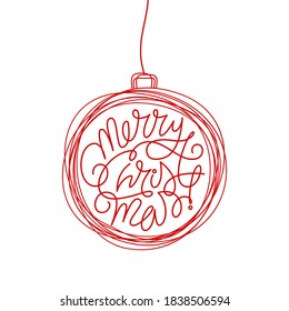 Hand drawn Merry Christmas lettering element in scribble pine tree ball ornament style hanging on a string, holiday card. Vector illustration isolated on white background