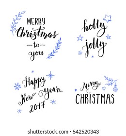 Hand drawn Merry Christmas lettering text for banner, winter greeting card decoration and design. Calligraphy Christmas and New Year themes.