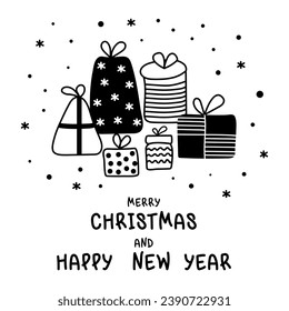 Hand drawn Merry Christmas and New Year card with gifts. Scandinavian style. Holiday card. Vector.