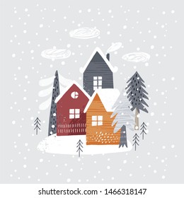 Hand drawn Merry Christmas print 2020. Vector print for Christmas cards with Hand drawn winter tree, house and texture. 