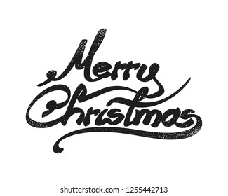 Hand drawn Merry Christmas text. Seasonal writing with unique calligraphy and snow scatters.