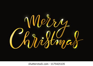 Hand drawn Merry Christmas typography lettering poster. Illustration for greeting cards, postcards, logo, badge. Winter holiday celebration vector calligraphy banner, gold text on black background.