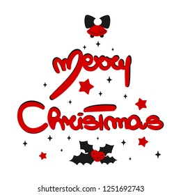 hand drawn merry christmas vector text calligraphic lettering design card with holly, stars and bells