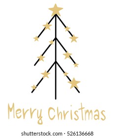 hand drawn merry christmas vector greeting card with black tree and gold stars holidays illustration