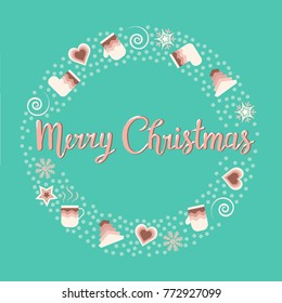 Hand drawn Merry Christmas vector illustration with lettering composition and turquoise background. Winter time, Happy new year, Hello winter, Winter is coming, Happy holidays. Lettering calligraphy.