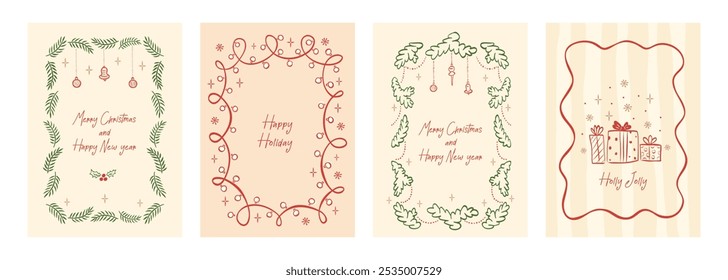 Hand drawn Merry Christmas vintage card set. Xmas frames with christmas tree, gift, toys, christmas lights garland. Minimalist prints in cute line doodle style. Vector illustration for cover, poster.