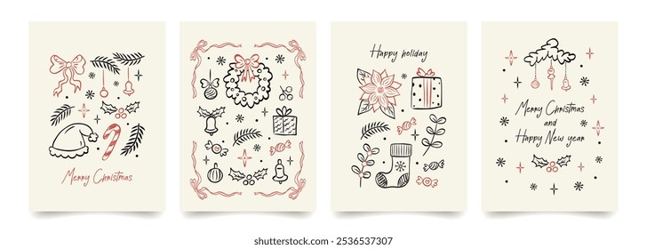 Conjunto de tarjeta vintage de Navidades alegres dibujadas a mano. Diseño de Navidad con árbol de Navidad, lazos y cintas, regalos, juguetes y estrellas, copos de nieve. Carteles minimalistas en estilo doodle lindo. Perfecto para cubrirse, Anuncio.