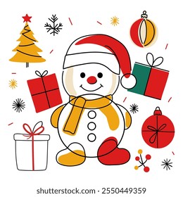 Hand drawn Merry Christmas vintage card set. Xmas design with Christmas tree, bows, gifts, snowflakes. Minimalist posters in cute line style. 
