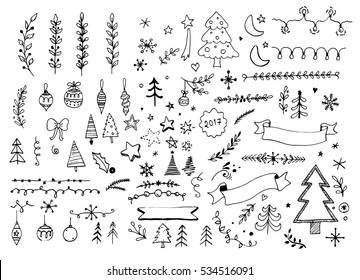 Hand drawn Merry Christmas, winter ornament with flourish element, star, moon, xmas tree, santa, snowman. Vector illustration for card, banner design.