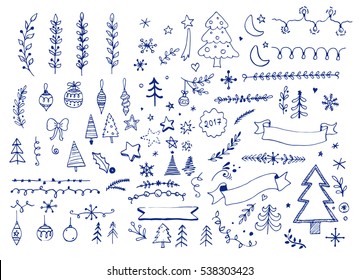 Hand drawn Merry Christmas, winter ornament with flourish element, star, moon, xmas tree, santa, snowman. Vector illustration for card, banner design.