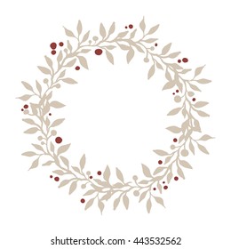 Hand drawn merry christmas wreath of branches, leafs and berries. Beautiful nature element, rustic decoration