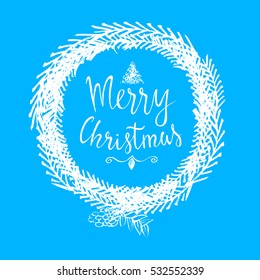 Hand drawn Merry Christmas wreath with lettering 