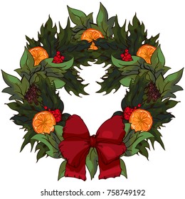 Hand drawn Merry Christmas wreath of holly plant with berry, ivy leafs, pine cone, orange slice, apple and ribbon bow isolated on white. Greeting card design element.