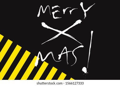 Hand drawn 'merry x mas' in rough brush style on black and yellow graphic background (vector file)