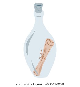 Hand drawn message in the bottle icon, hidden scroll in the bottle. Vector illustration