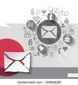 Hand drawn message icons with icons background. Vector illustration