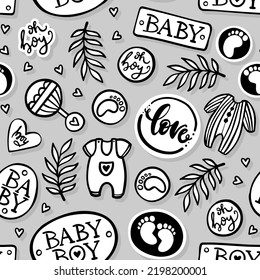 Hand Drawn Messy Baby Boy  Accessories Toys And Badges. Abstract Linear Vector Illustration. Black And White Seamless Pattern Isolated On Gray Background.