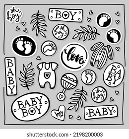 Hand Drawn Messy Baby Boy  Accessories Toys And Badges. Abstract Linear Vector Illustration. Black And White Cute Graphic Element Set Isolated On Gray Background.