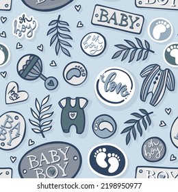 Hand Drawn Messy Baby Boy  Accessories Toys And Badges. Abstract Linear Vector Illustration. Blue Shaded Seamless Pattern Isolated On Light Blue Background.